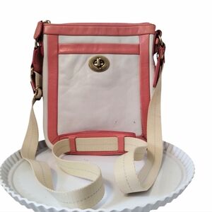 Coach Turn Lock Swing Pack Pink and White Leather Crossbody Bag